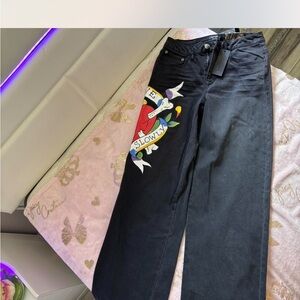 Ed Hardy Black Straight Leg Jeans with Colorful Graphic